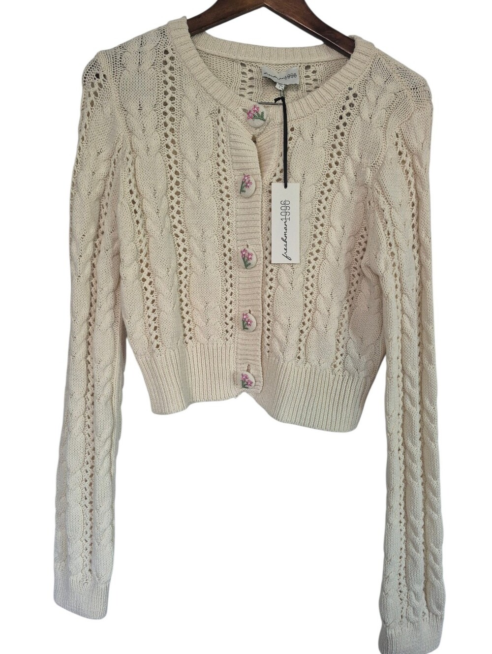 Freshman 1996 Cable Knit Cardigan Floral Buttons Cropped Large